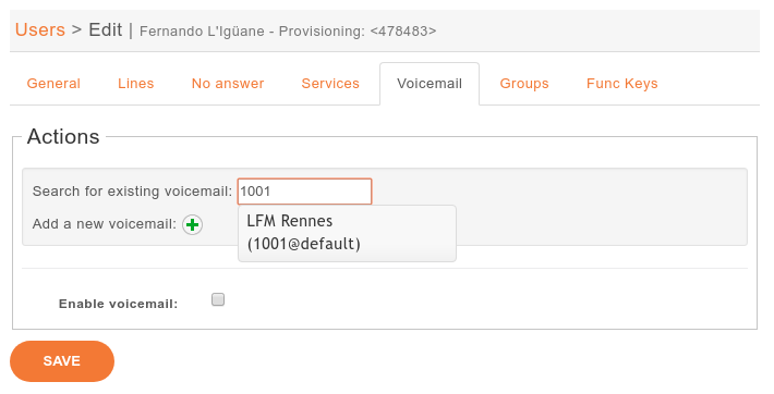 Search for a voicemail in the user's configuration